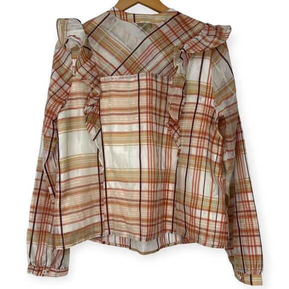 Anthropolgie Current Air | M | Polly Ruffled Peasant Blouse Plaid Semi Sheer Top - Picture 4 of 6
